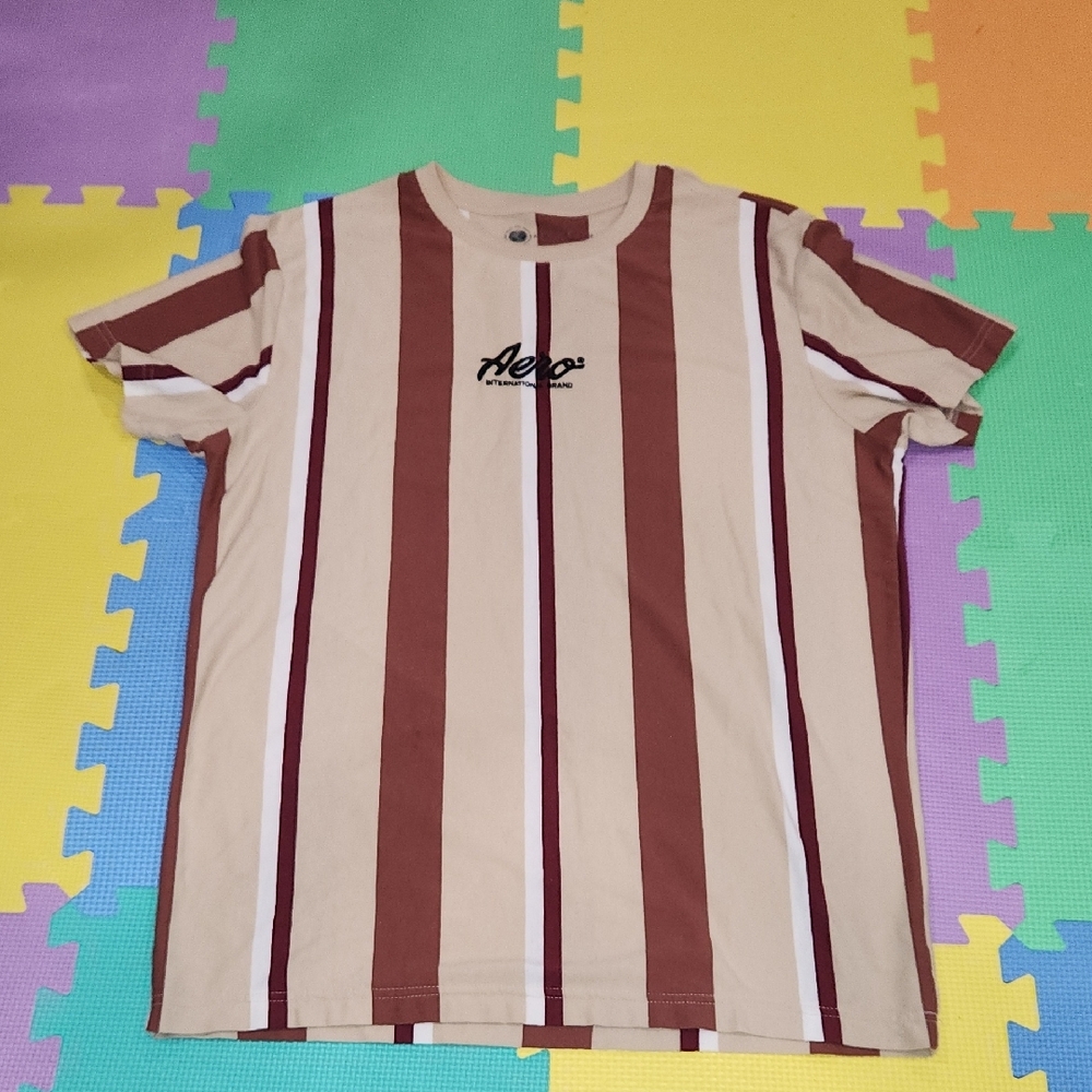 Men's Striped Tan and Brown T-Shirt Size Medium